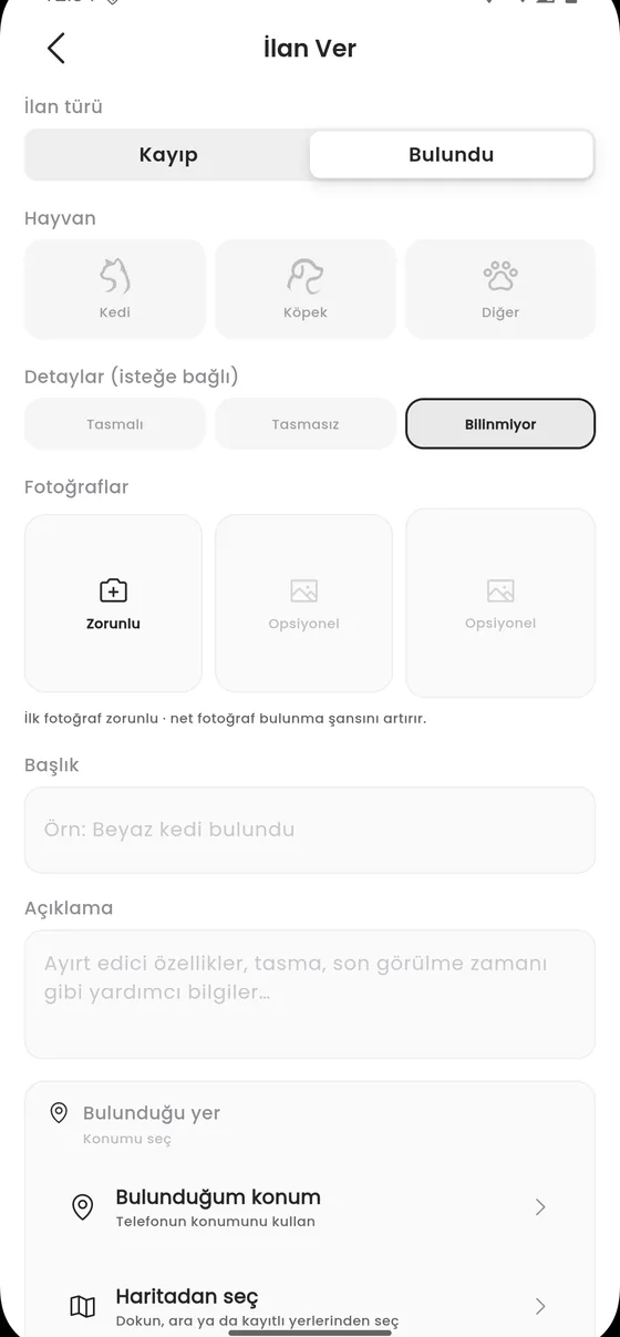 İlan türü seçiminde Bulundu