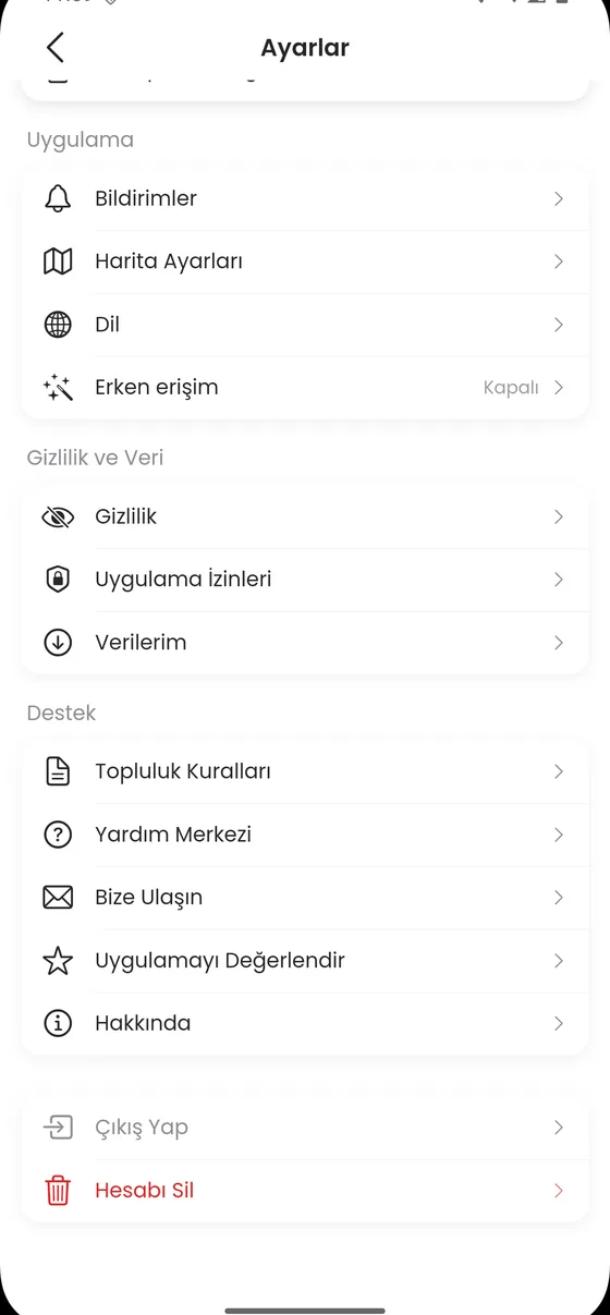 Ayarların alt bölümü