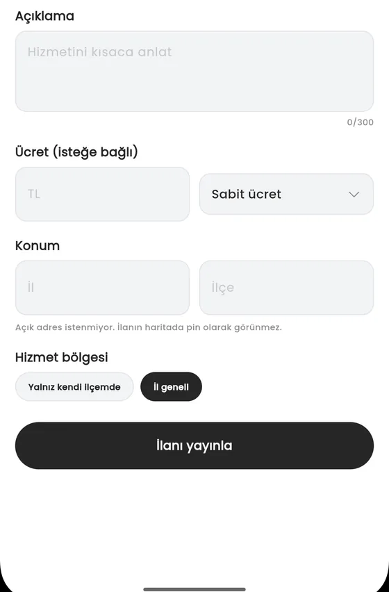 Hizmet İlanı Ver formu