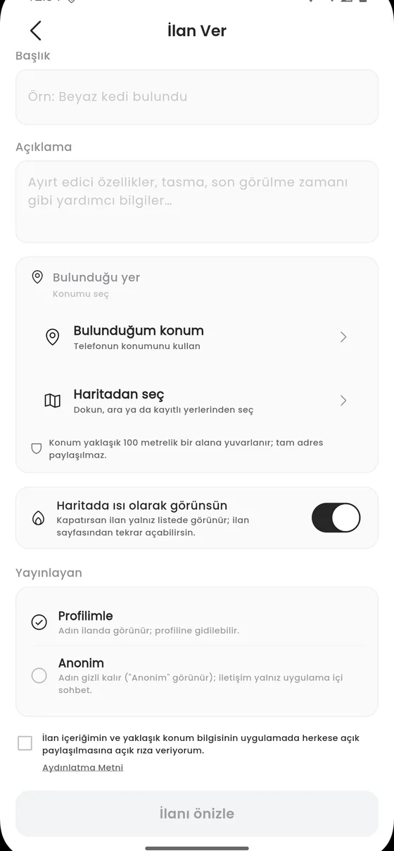 Konum ve yayınlayan seçimi